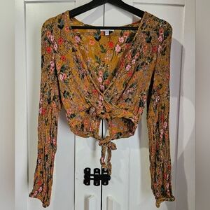 Patrons of Peace Mustard Floral Tie-Back Crop Top with Pink & Green Accents